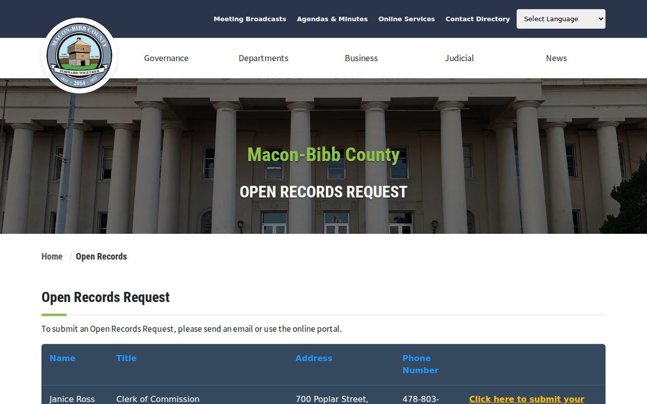 Bibb County warrant lookup official Open Records contacts