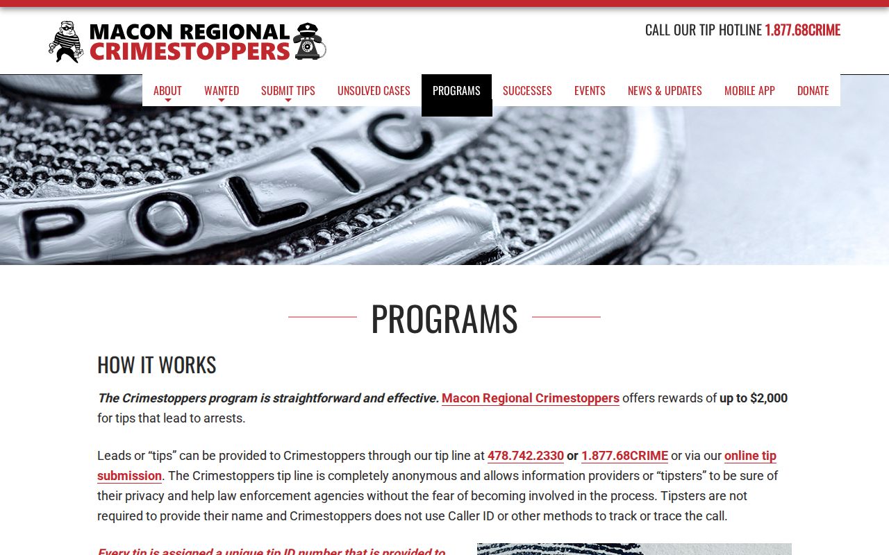Anonymous tip instructions for Bibb County arrest warrant information